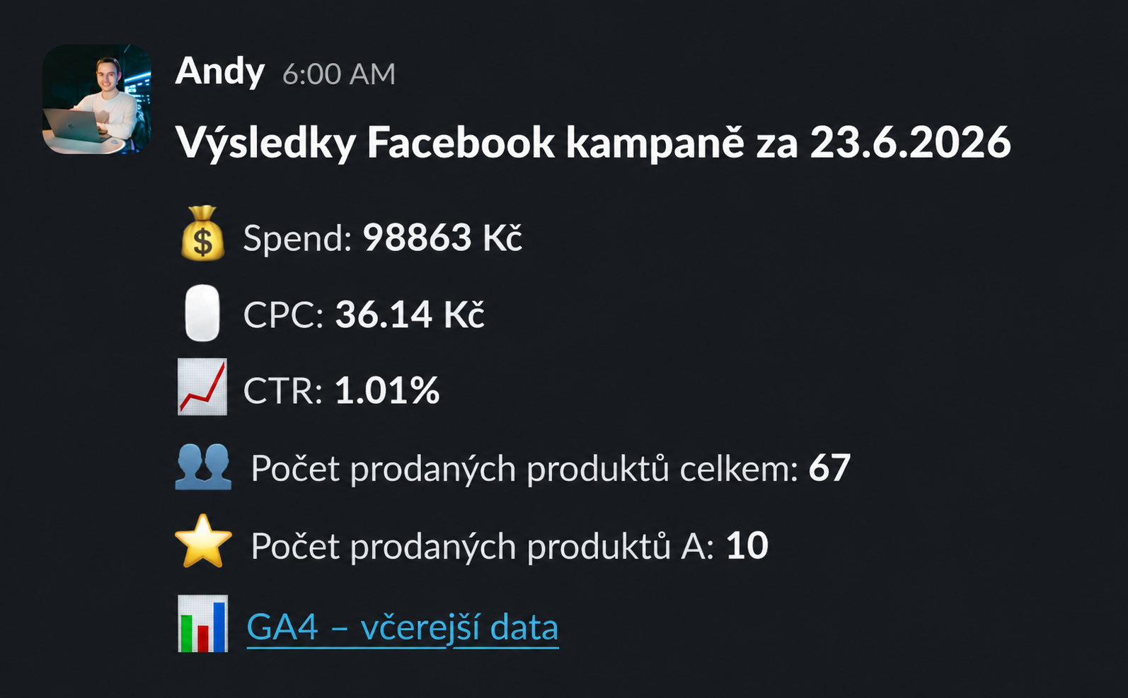 Ukázka denního reportu z Facebook kampaní ve Slacku